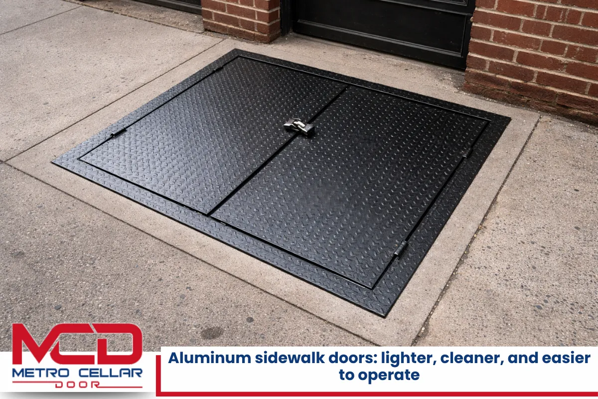 Aluminum sidewalk doors lighter, cleaner, and easier to operate